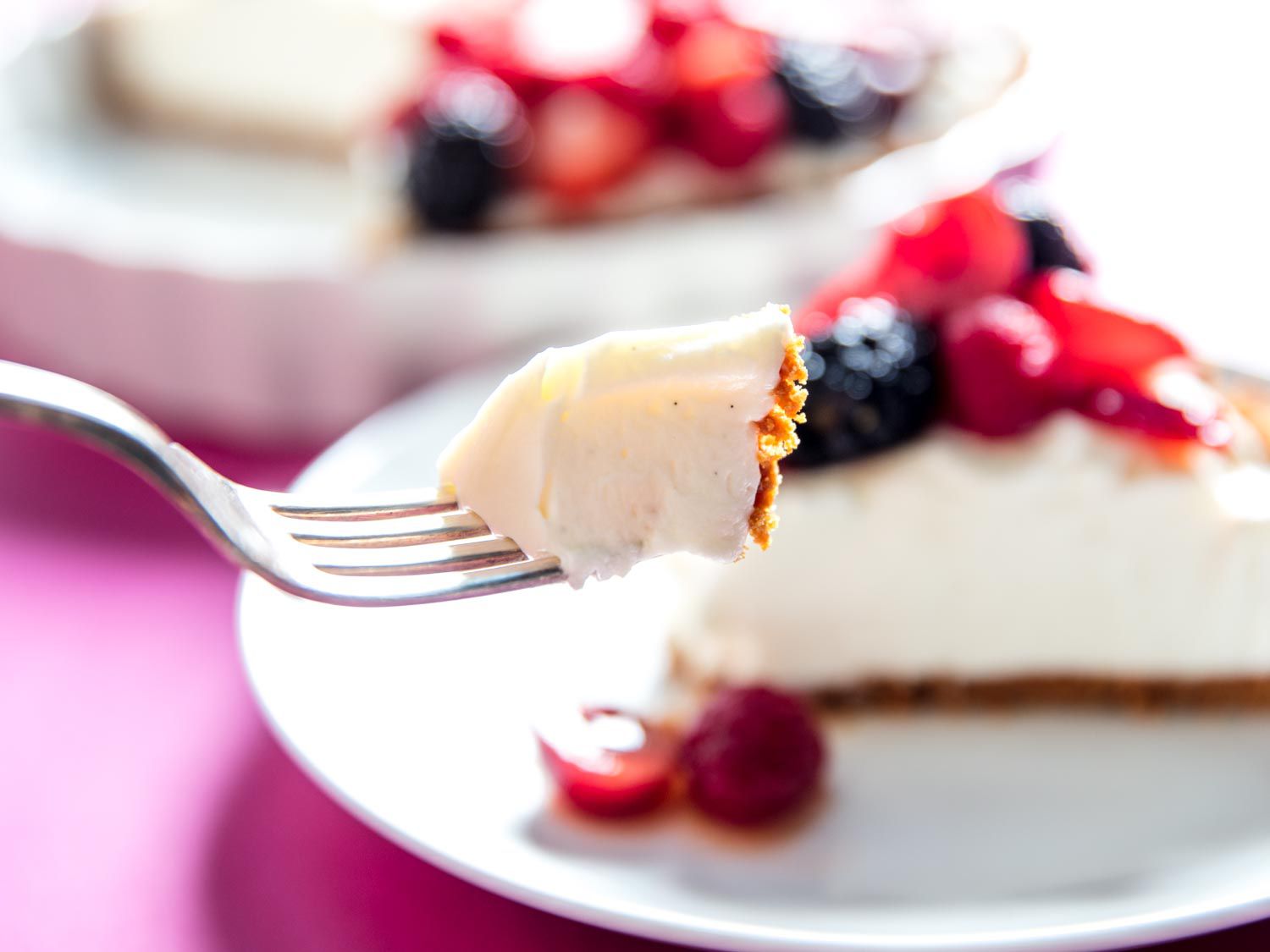 A fork cradling a bite of no-bake cheesecake on its tines. The rest of the cake—as well as the slice it was taken from—are visible in the background, though blurred by the shallow depth of focus.