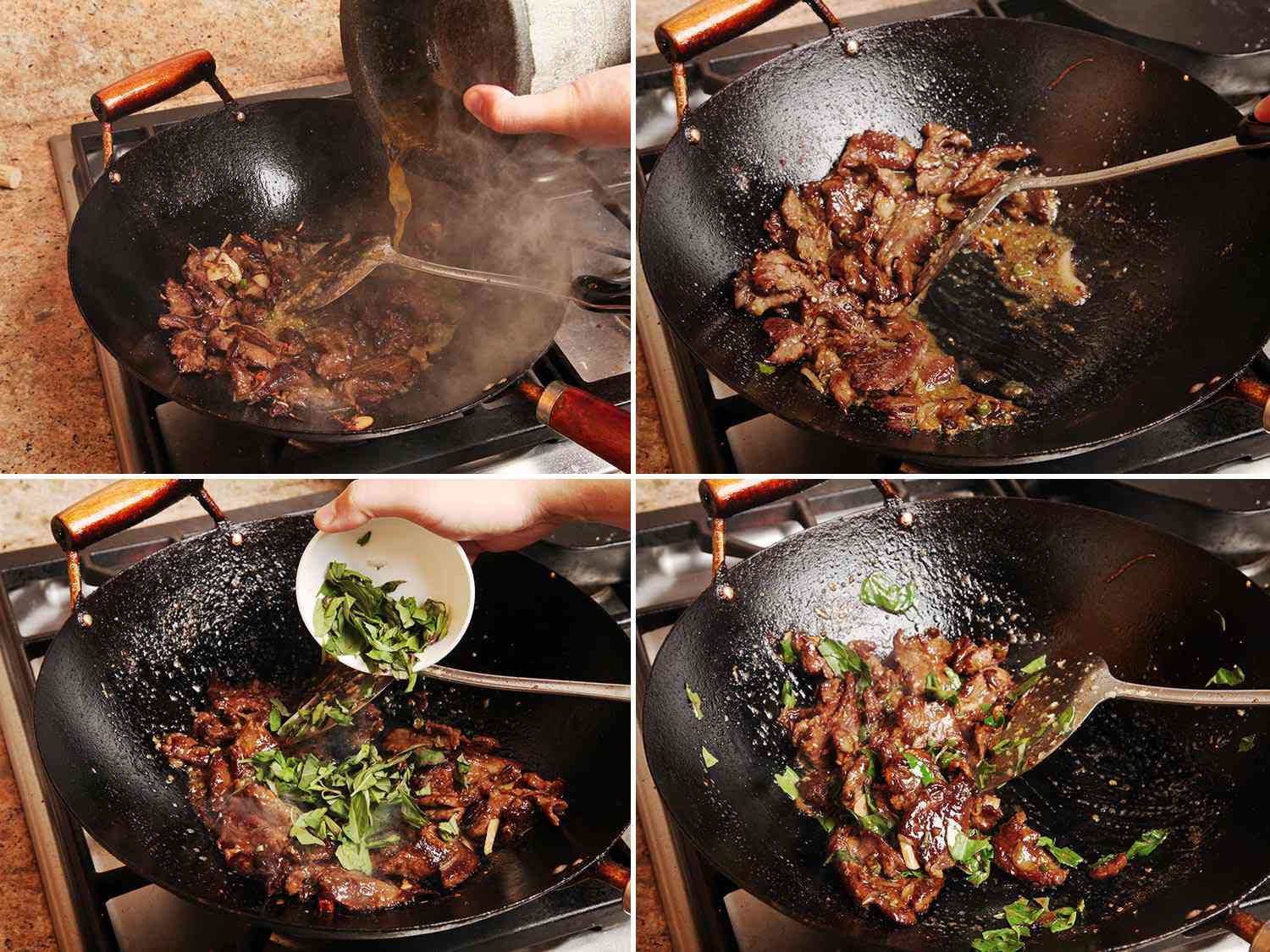 Collage of beef being finished with pounded garlic-chile sauce and basil leaves.