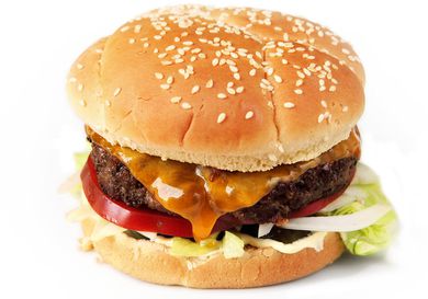 Sous vide cheeseburger on a sesame bun with tomatoes and lettuce.