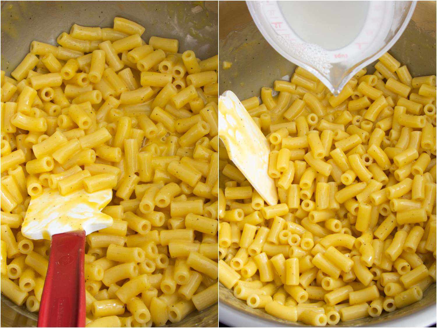 Side-by-side photos of stirring pasta with egg and cheese sauce, then adding in pasta cooking water.