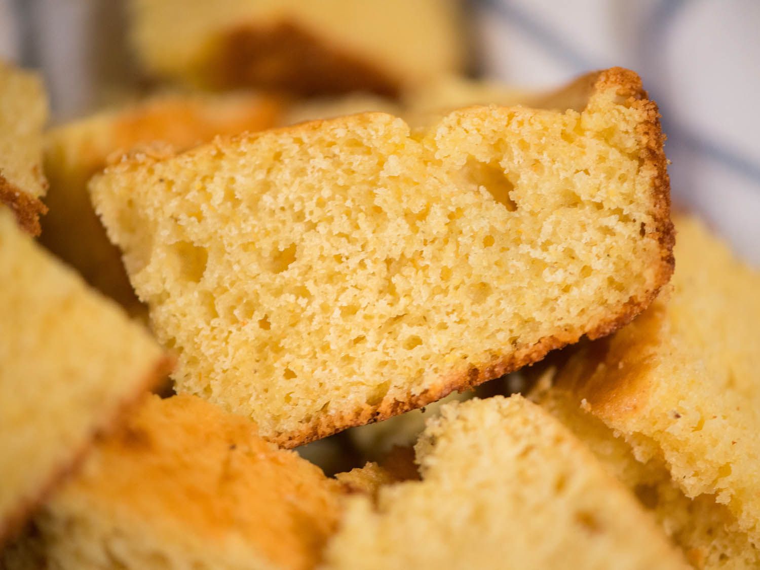 A close up of a slice of Northern-style cornbread.
