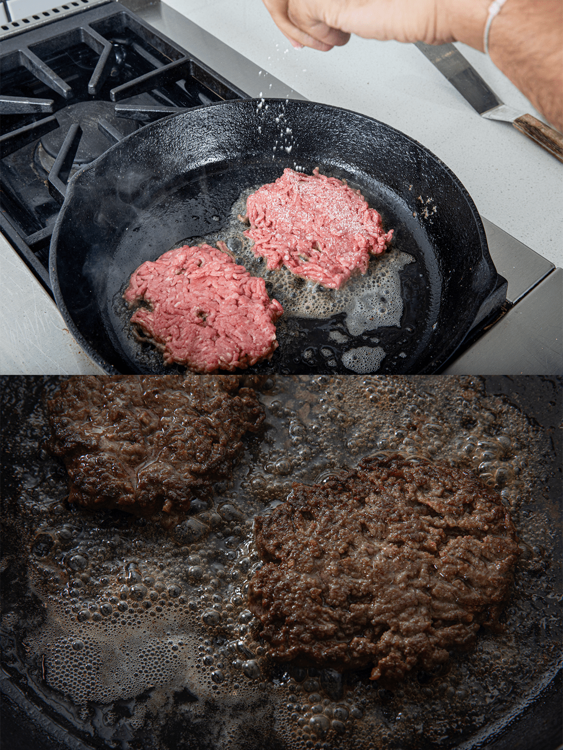 Seasoned burger patties searing in a cast-iron pan.
