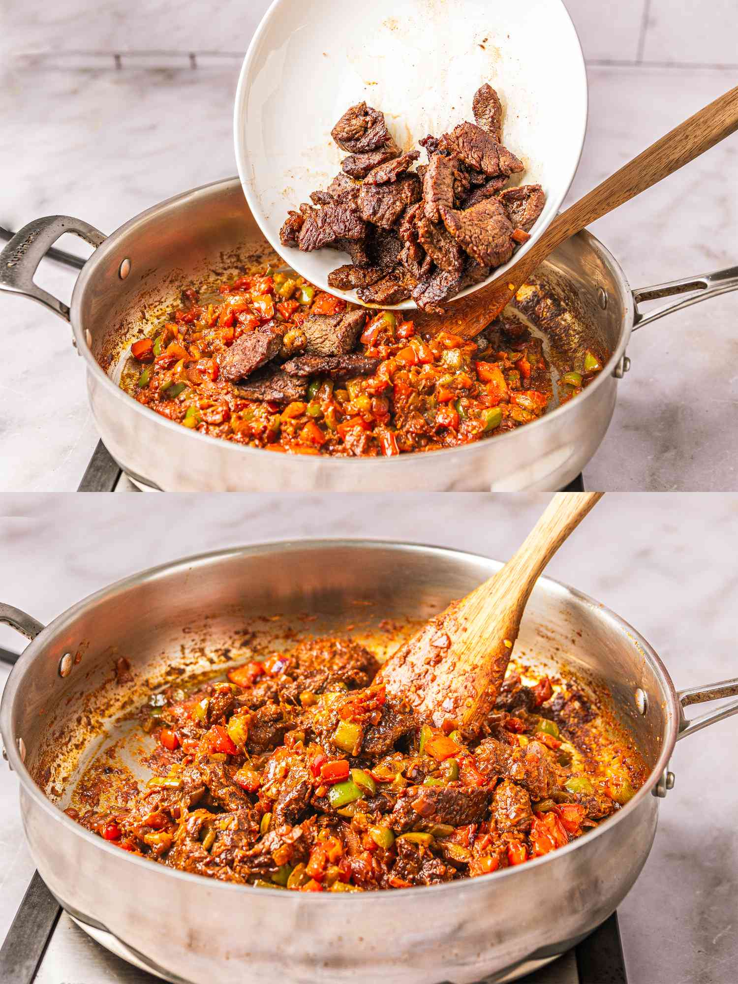 Two image collage of adding beef back in