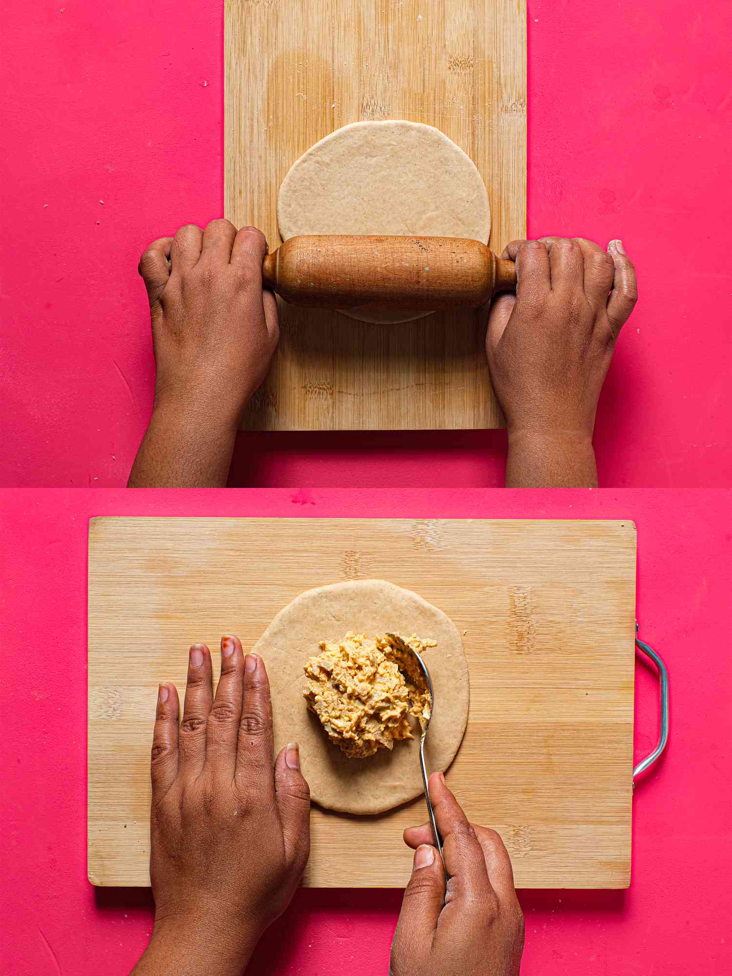 Two image collage of rolling dough and adding chicken mixture to center