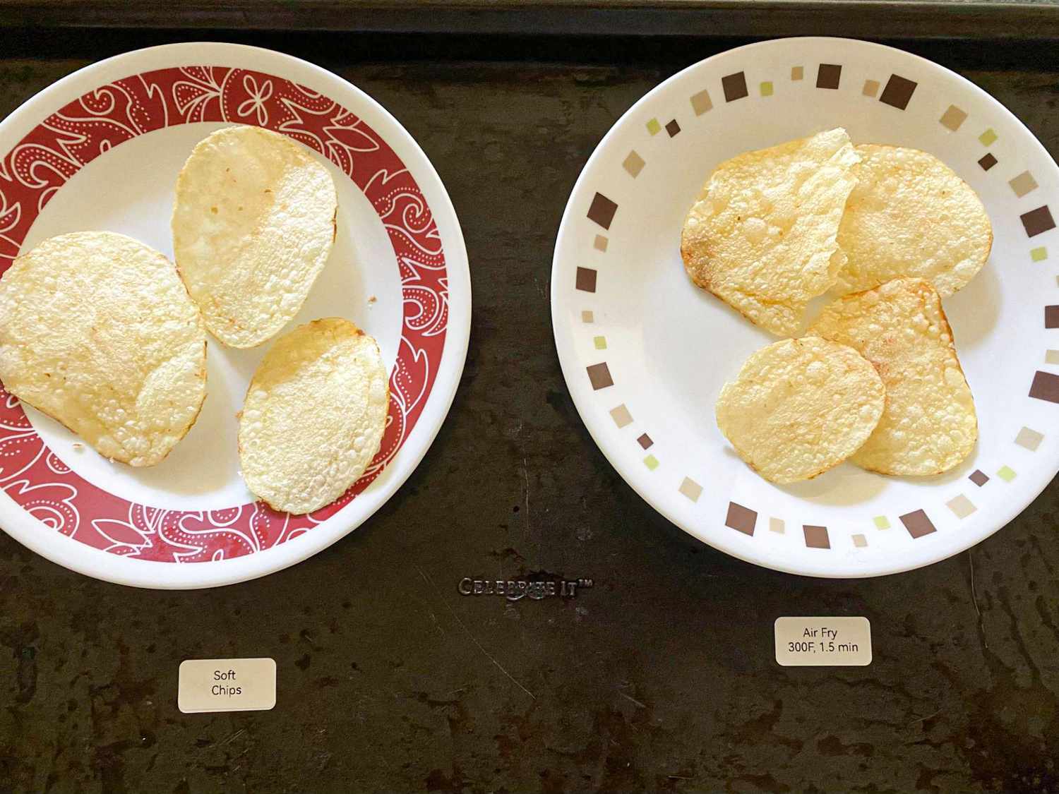 Two plates of potato chips labeled Soft Chips and Air Fry