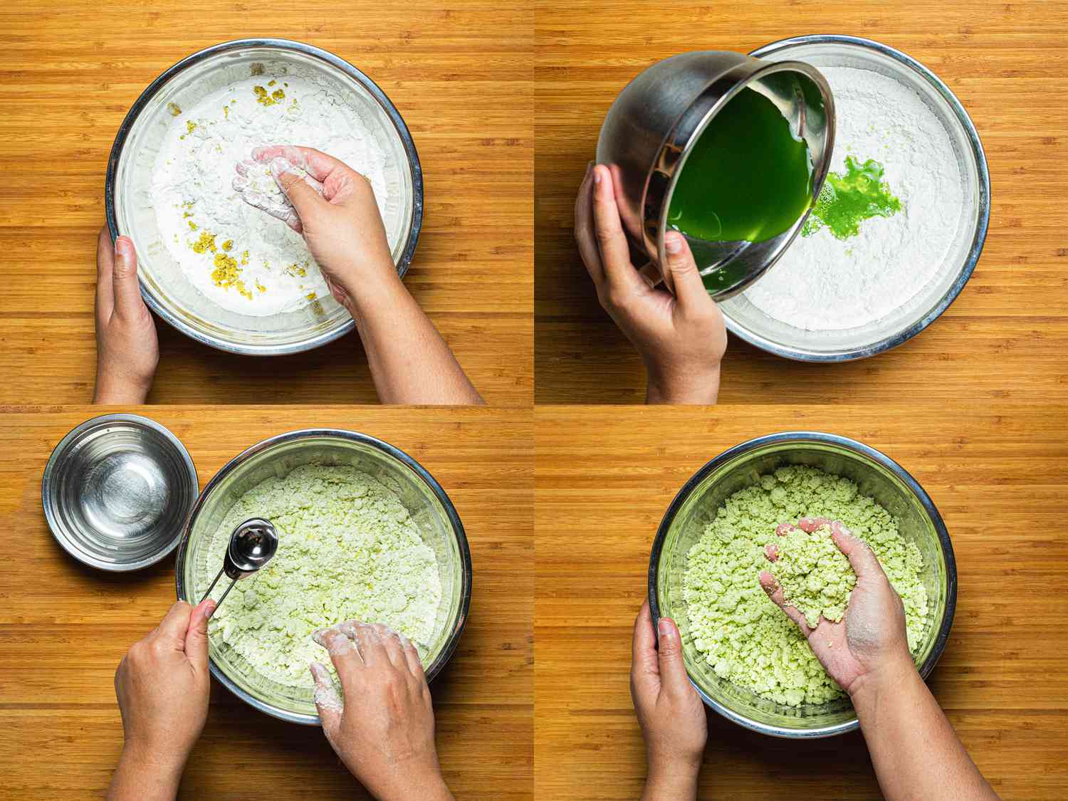 Four image collage of mixing sweet potatoes, adding pandan leaf juice, adding water, and crumbling flour