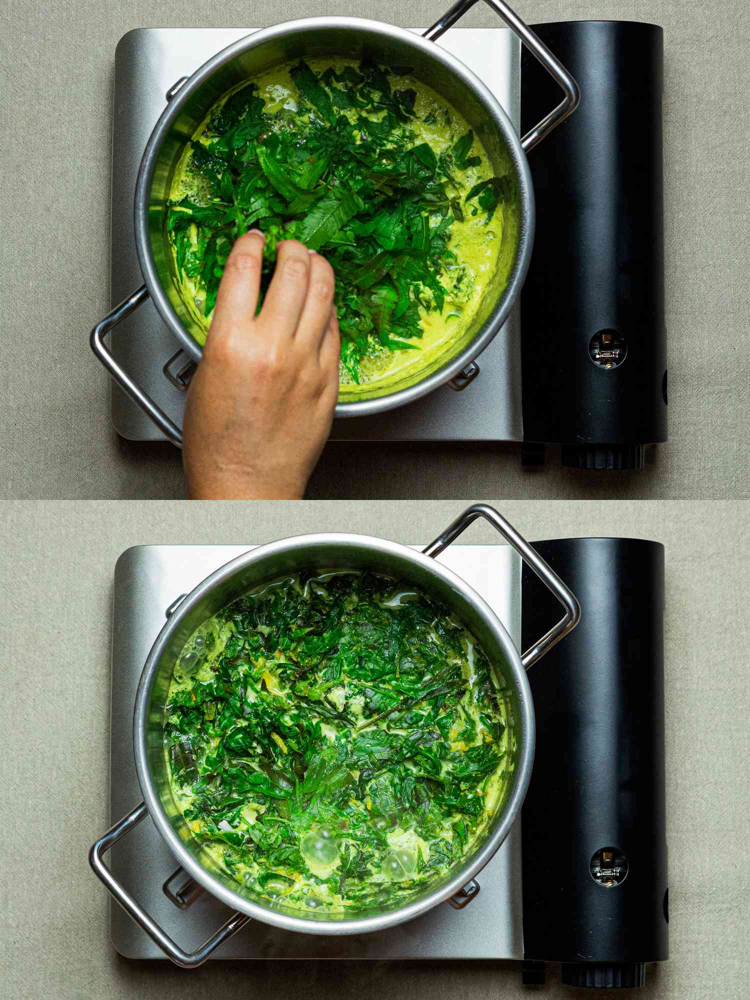 Adding fiddleheads to pot of coconut milk.