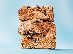 Stack of chewy chocolate chip peanut butter oat bars