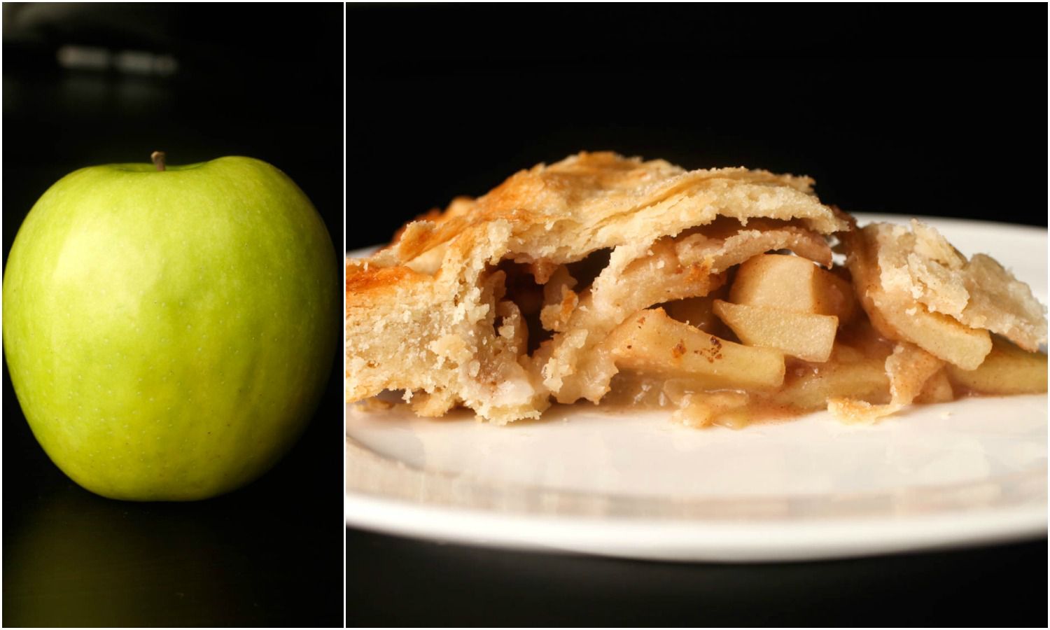 Collage of a Granny Smith apple next to a slice of pie made with Granny Smith apples
