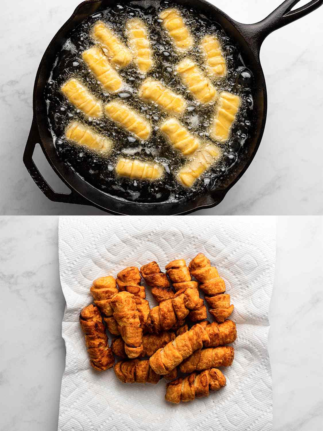 A two-image collage. The top image shows the tequenos being fried in a cast iron pan. The bottom image shows the fried tequenos, now golden brown, resting on a paper towel.