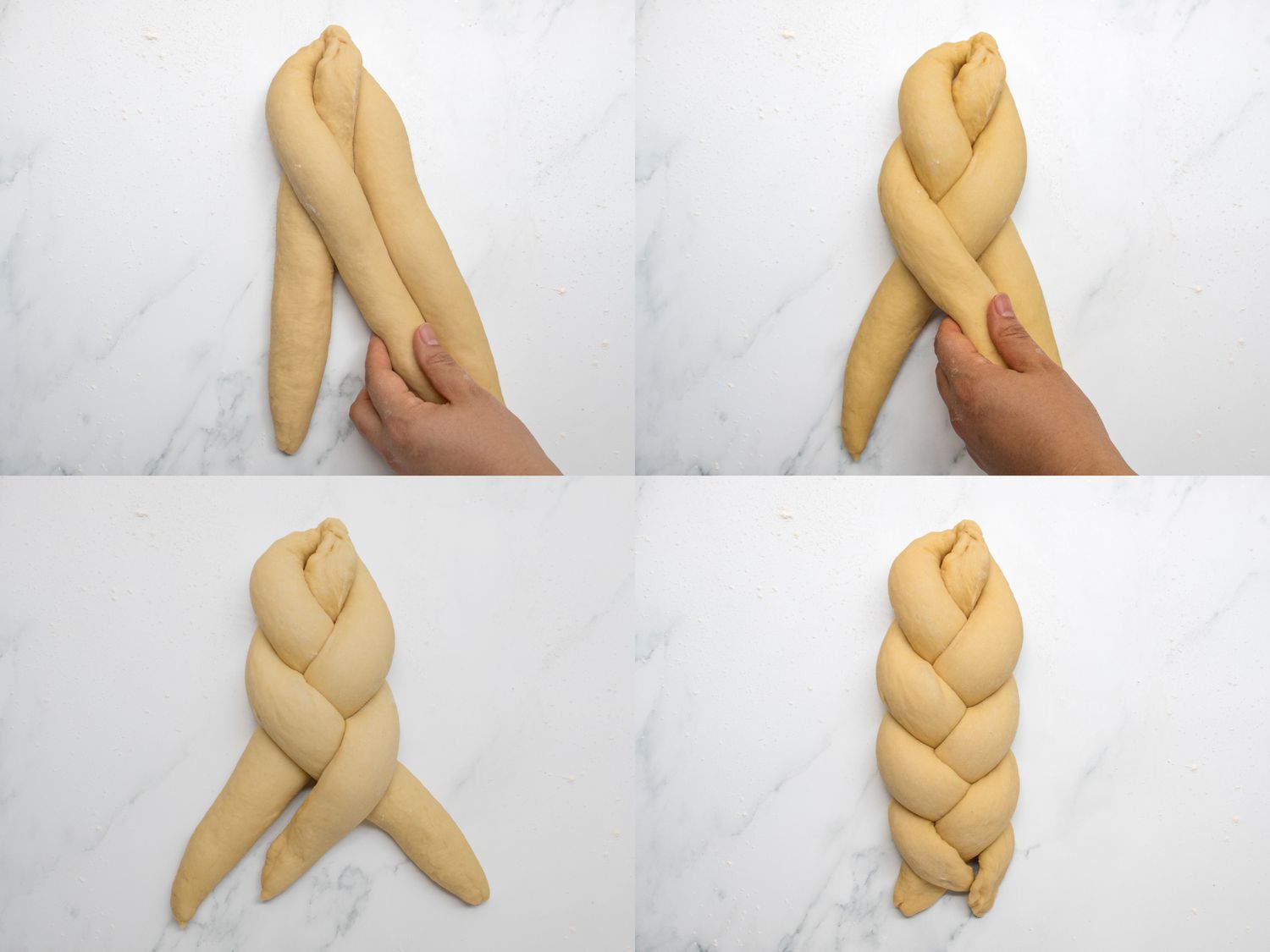 4 image collage. Top left:Lifting the dough strand on the left side and placing over center. Top Right: 1/3 braided dough Bottom Left: Half Braided doough Bottom Right: Fully braided dough 
