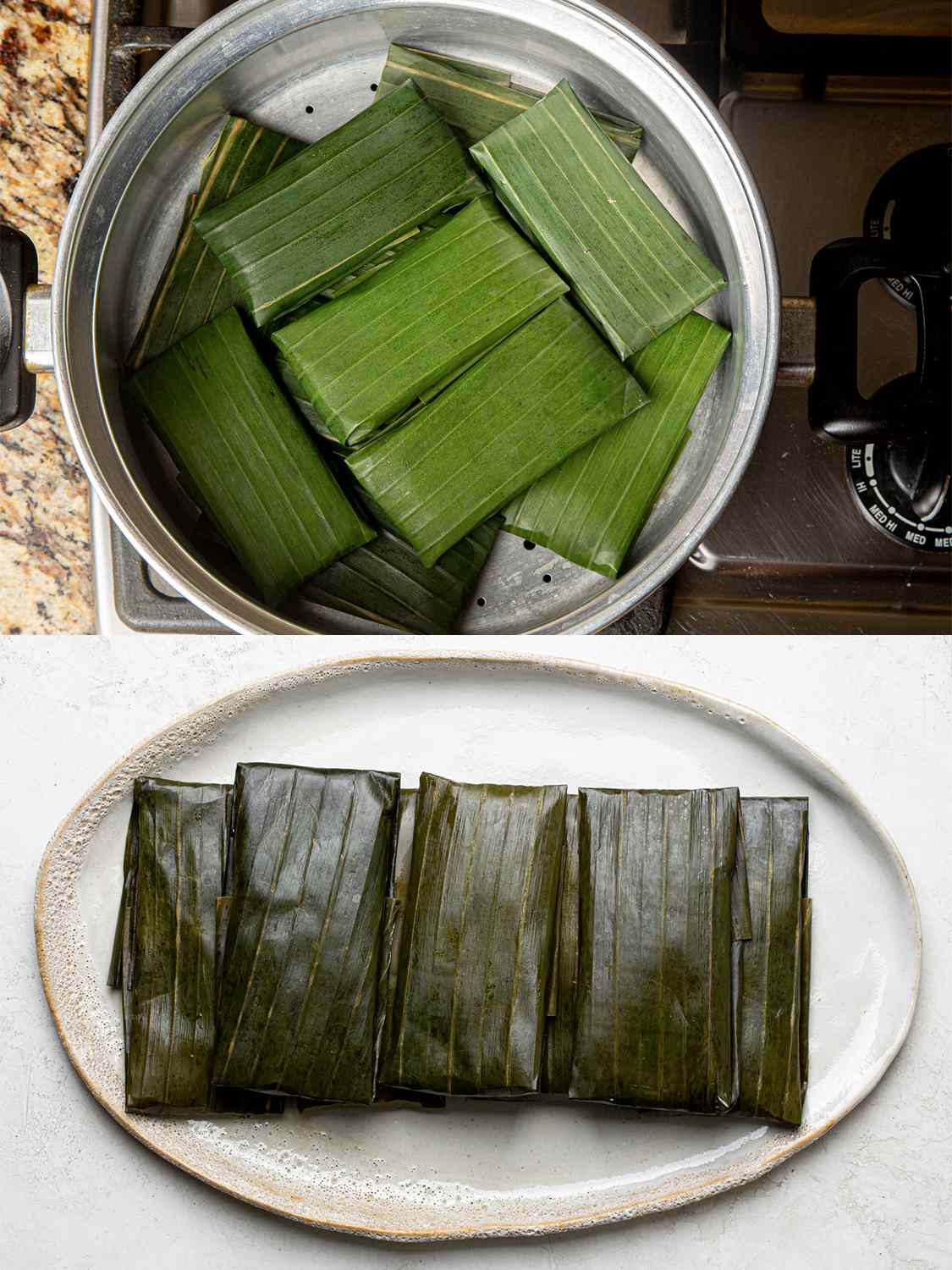 Two image collage of rice packets in steamer then finished on a platter