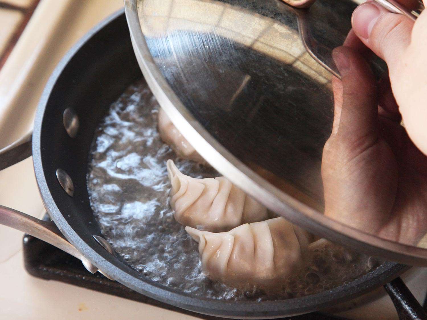Putting a lid on a non-stick skillet of gyoza and water to allow the dumplings to steam. 