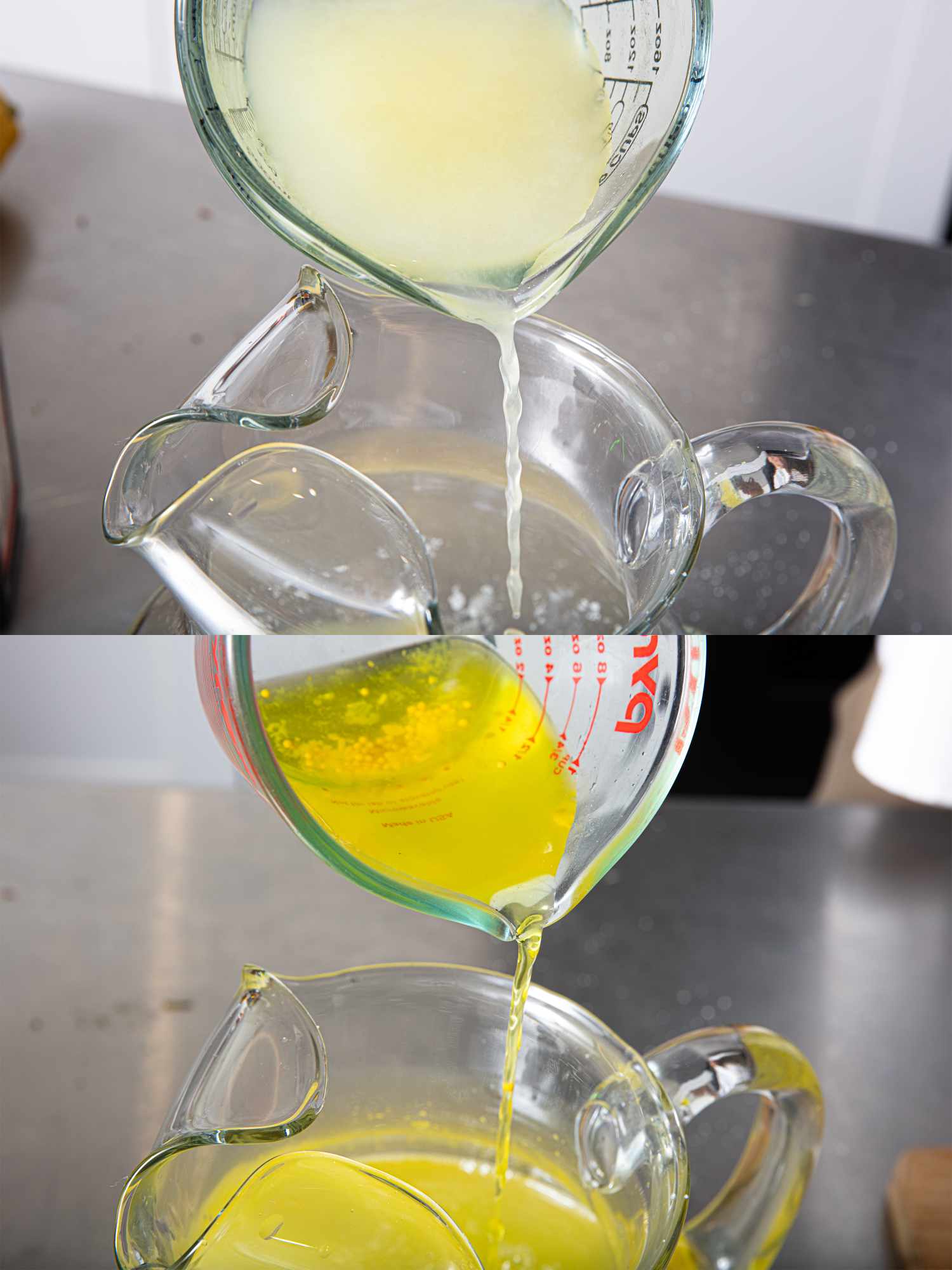 A liquid is being poured from a measuring cup into a pitcher shown in two steps