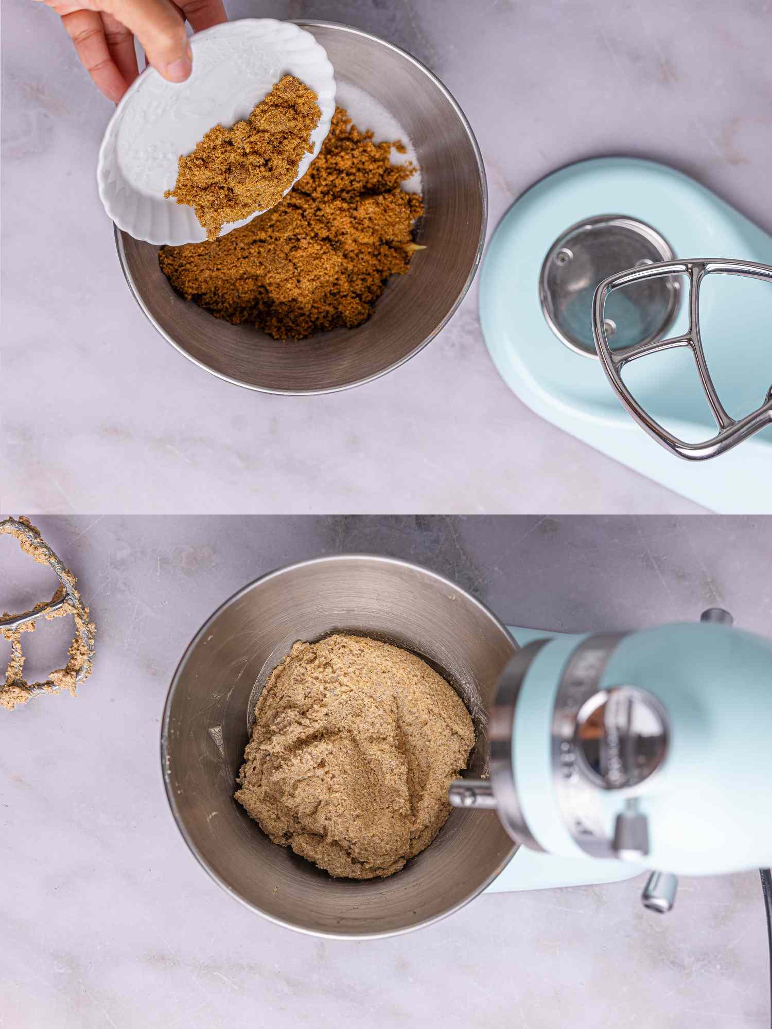 Two-step collage. Top: adding brown sugar to a mixing bowl. bottom: mixing dough in a stand mixer