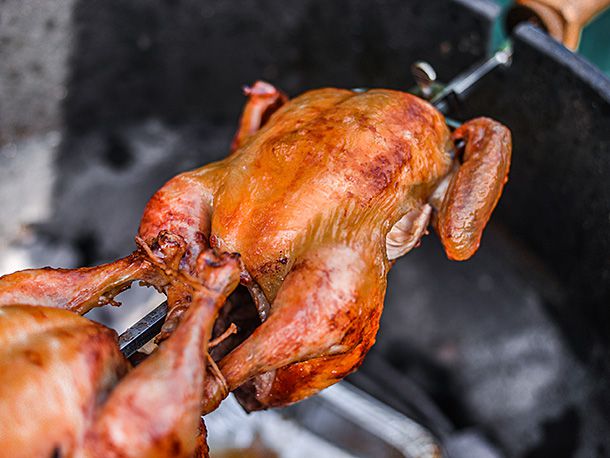The final "really excellent" iteration of rotisserie chicken, which looks especially bronzed.