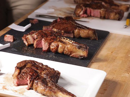 Dry-aged, sous-vide steaks lined up for a group taste test.