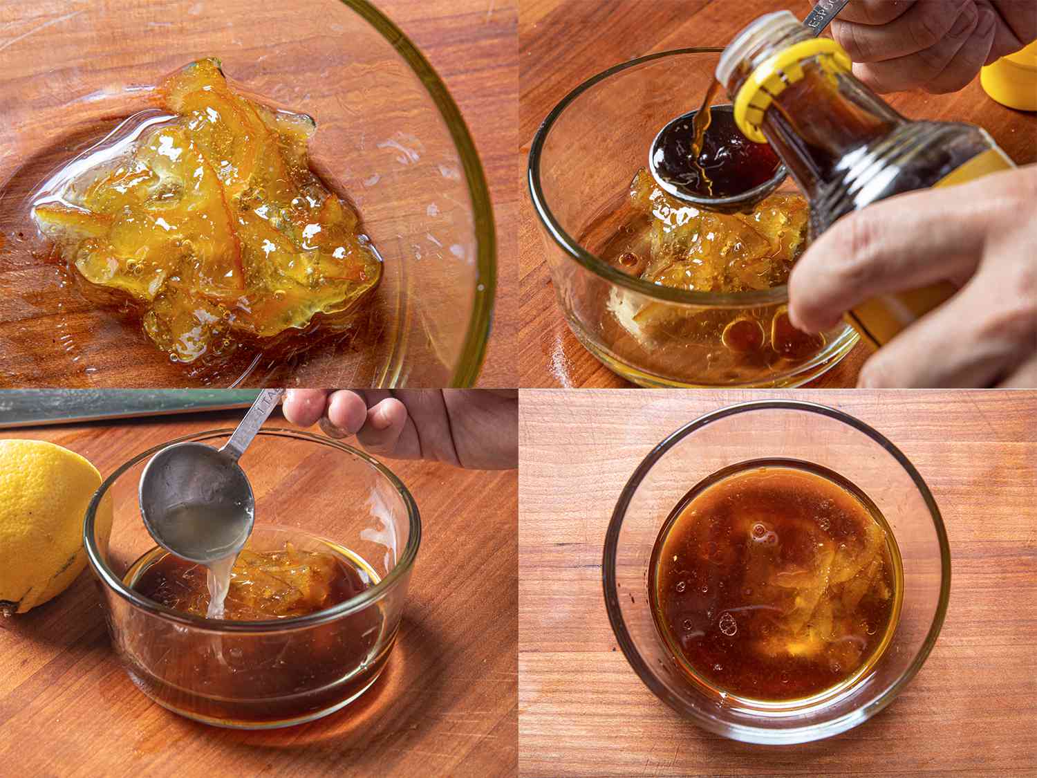 Four Image Collage. Top Left: Ponzu jelly in a glass bowl. Top Right: adding soy sauce to sauce bow. Bottom Left: Lemon juice added to bowl. Bottom Right: finished sauce