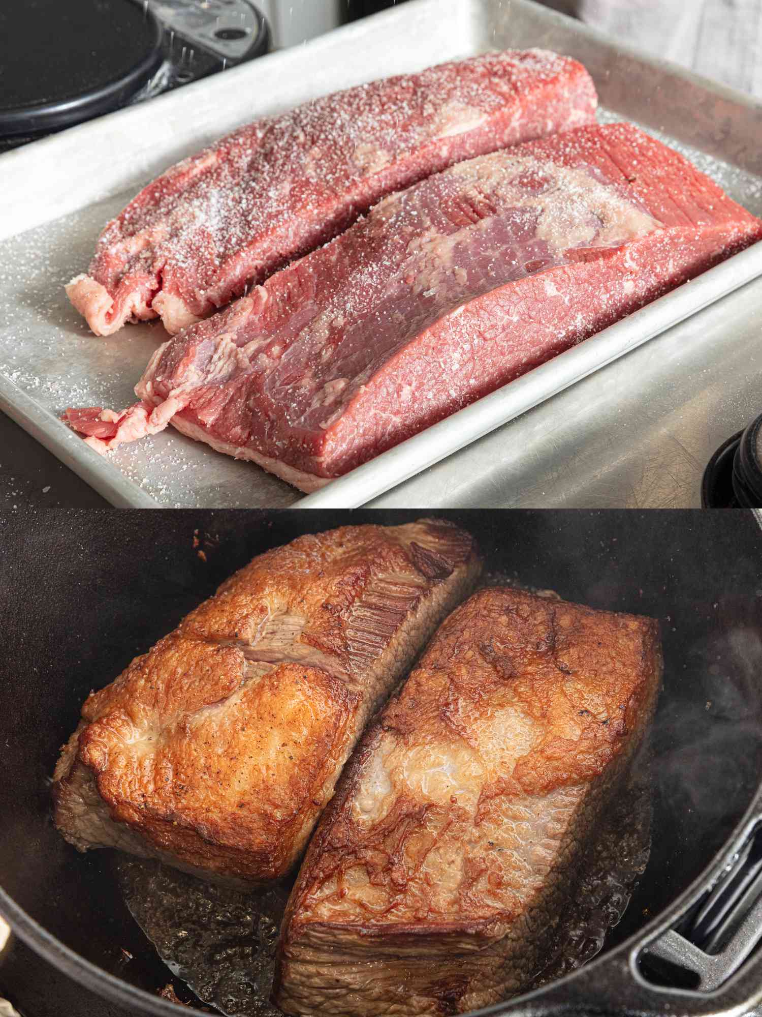 2 image collage. Top: raw meat well salted on sheetpan. Bottom: beef seared and browned in dutch oven