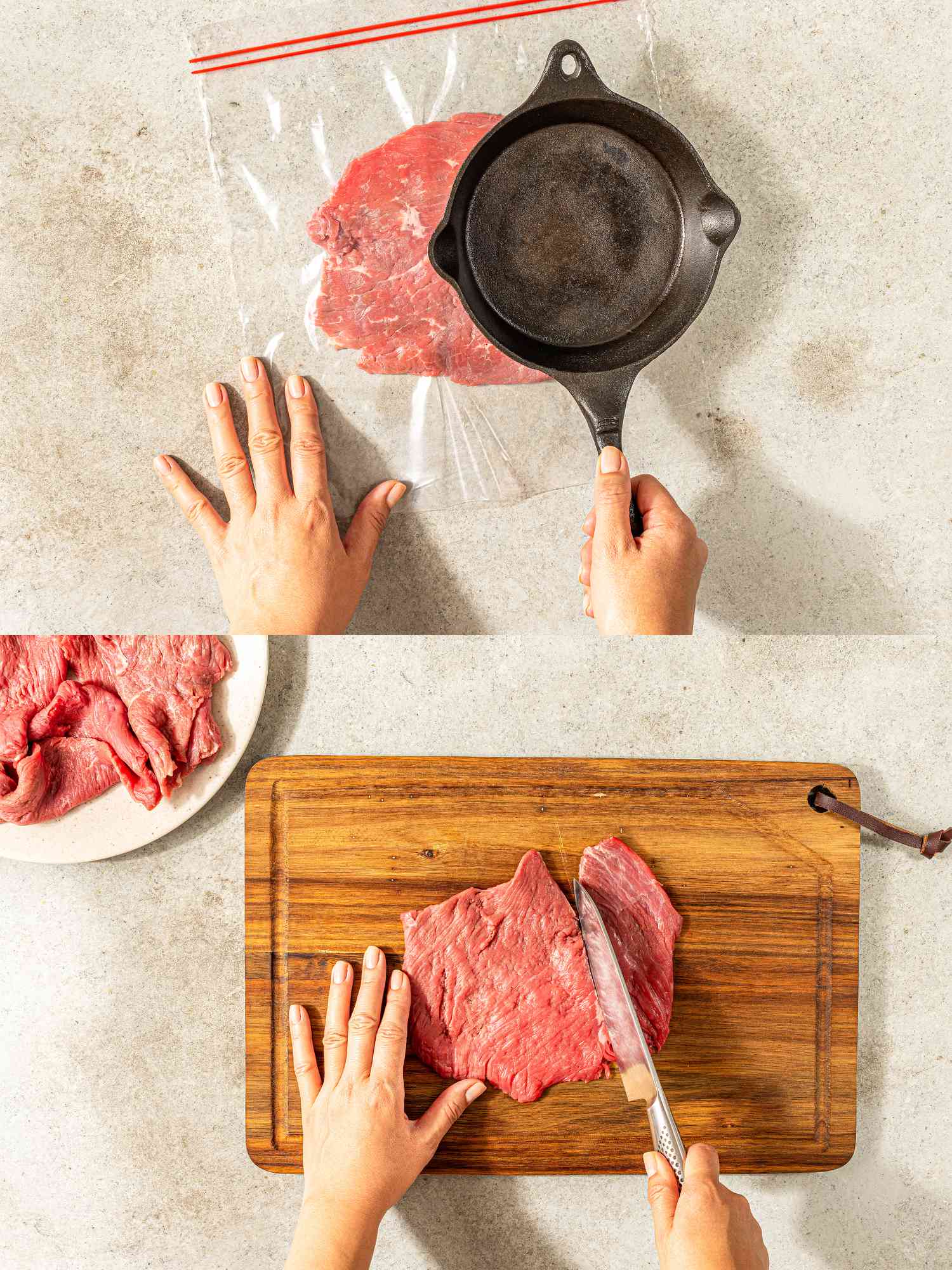 Two image collage of pounding meat and slicing into strips