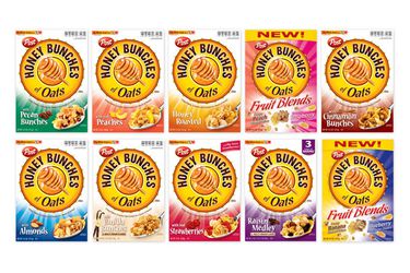 A composite image of different flavors of Honey Bunches of Oats cereal boxes.