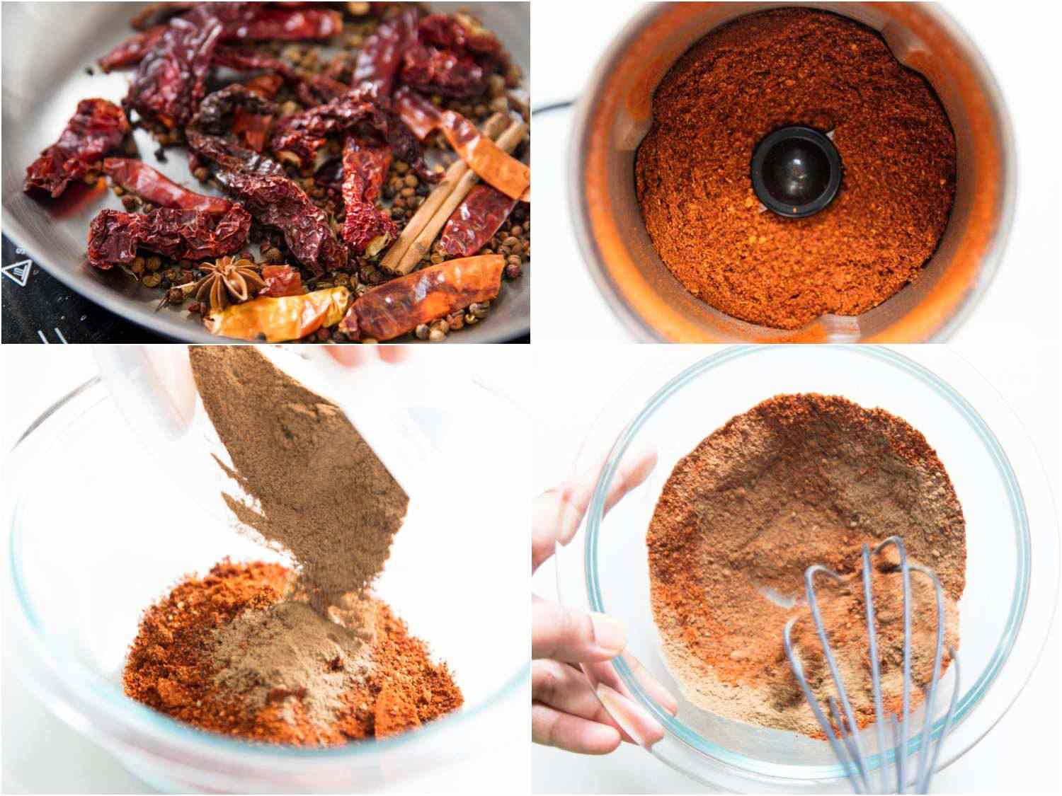 Collage of making spice dust: toasting chilies in a pan, grinding chilies in a spice grinder, adding mushroom powder, whisking together
