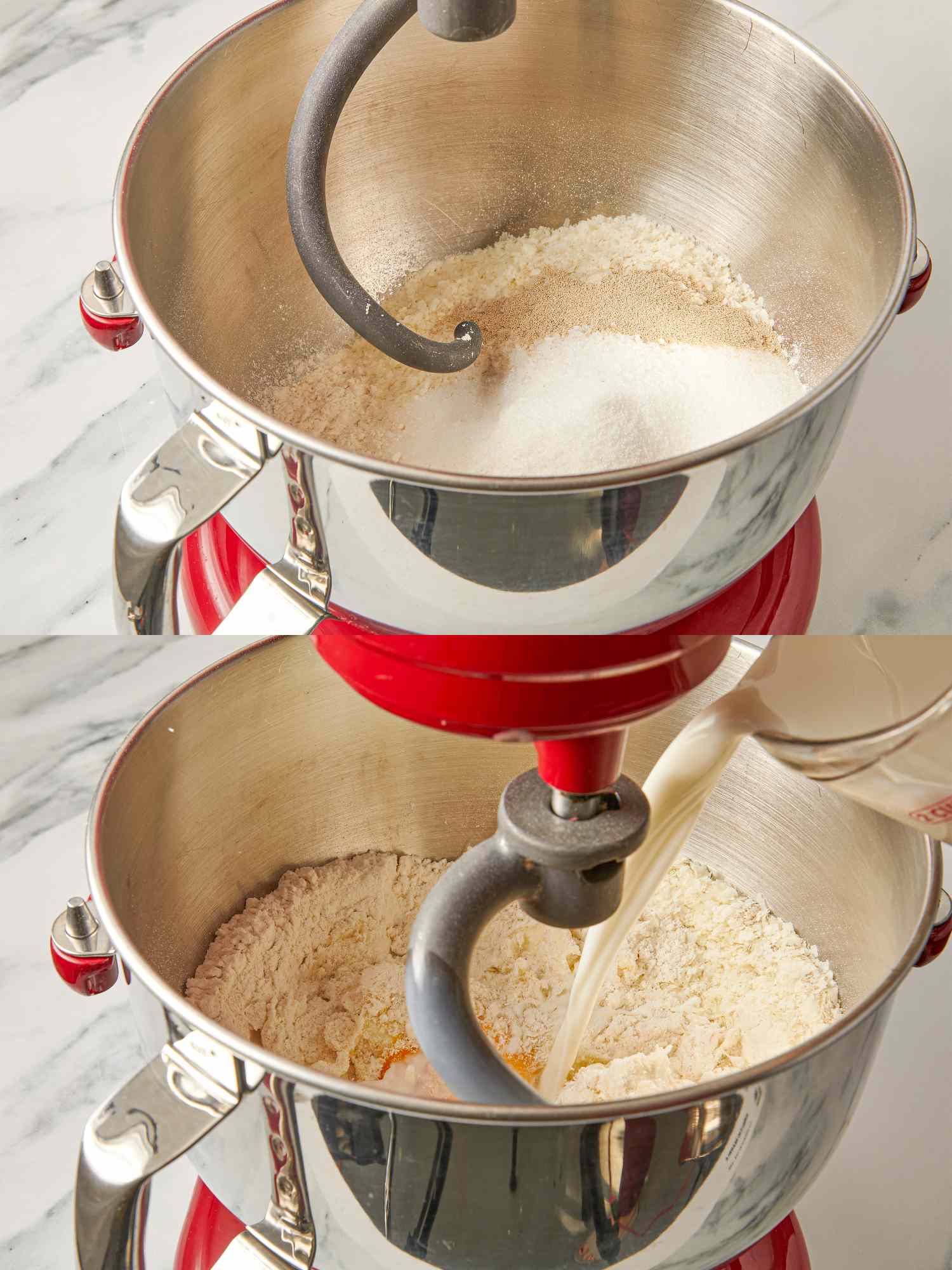 Two photos showing a stand mixer with ingredients being added to make dough including sugar and milk being poured in
