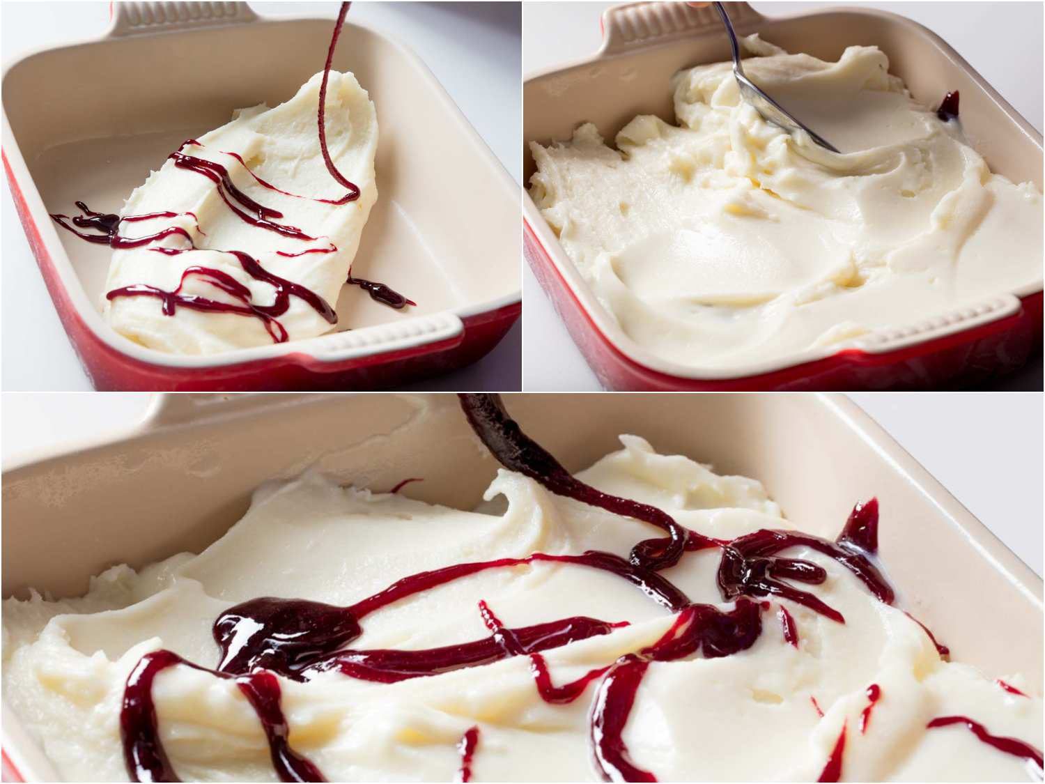 A three-image collage. The top left shows the syrup being piped onto the ice cream in a baking dish. The top right shows adding more ice cream to the dish. The bottom image shows adding more syrup swirls onto the ice cream. 