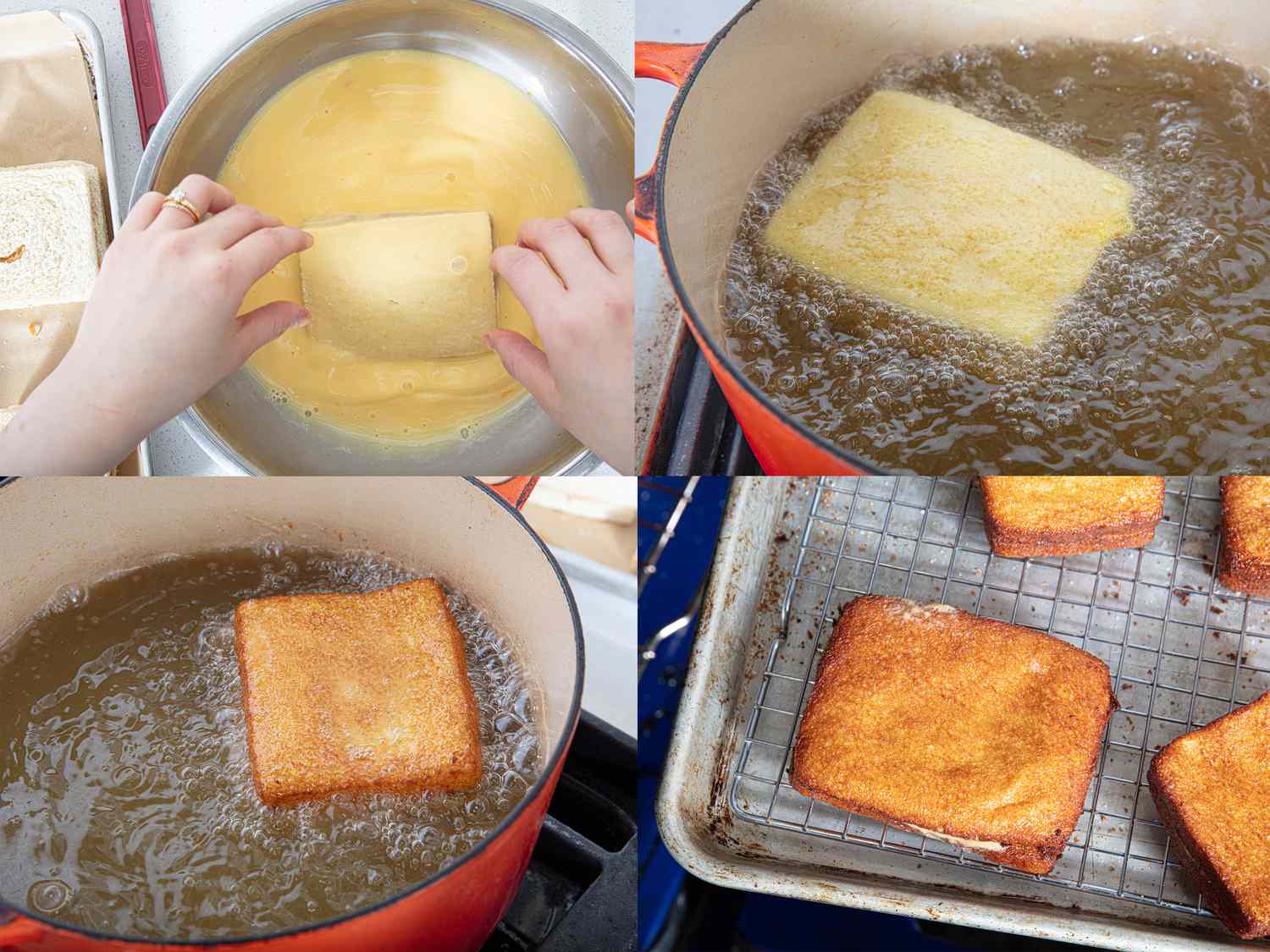 Four image collage of deep frying hk-style french toast