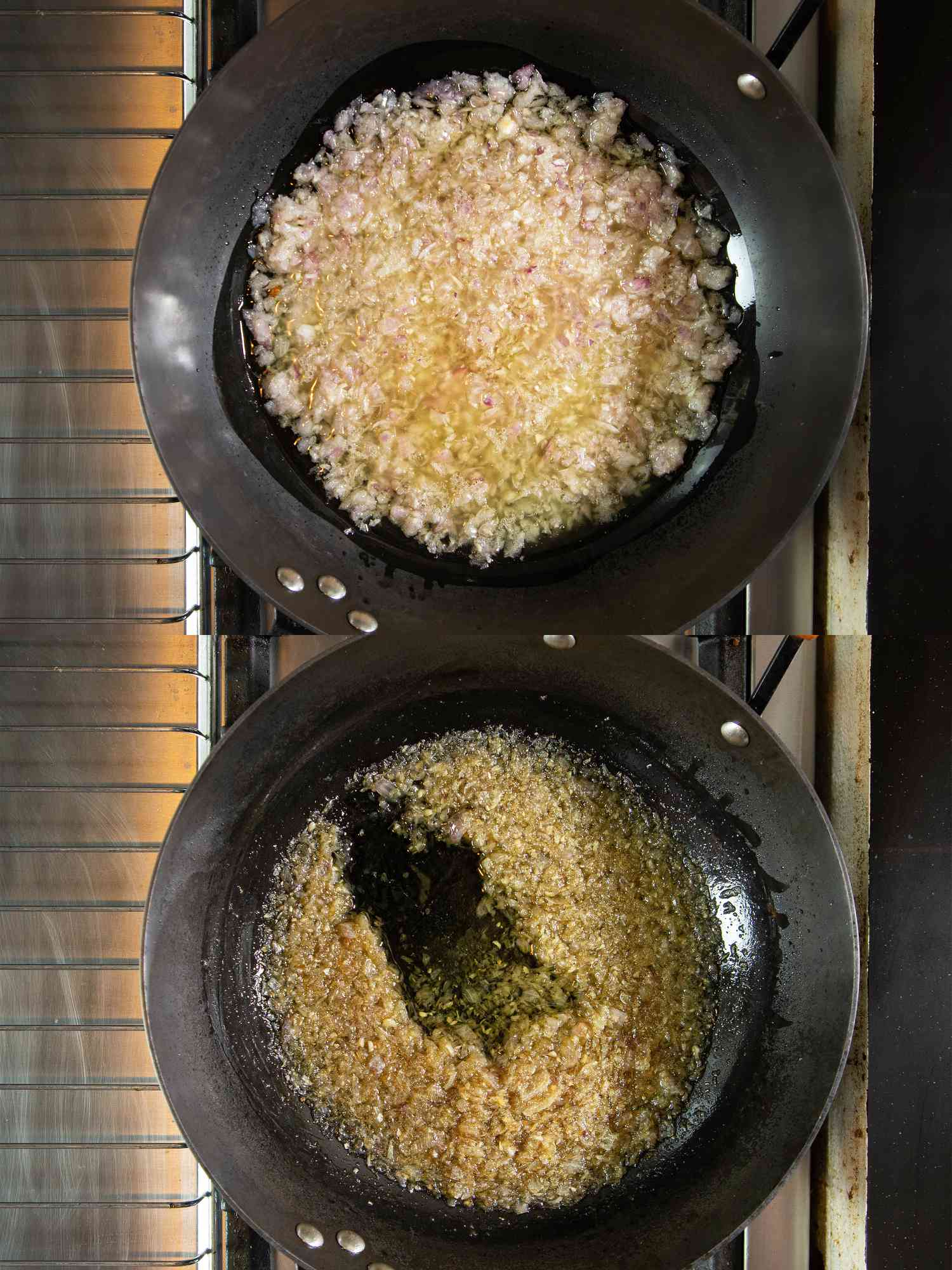 Two image collage of garlic and onion in oil in wok before and after seperation