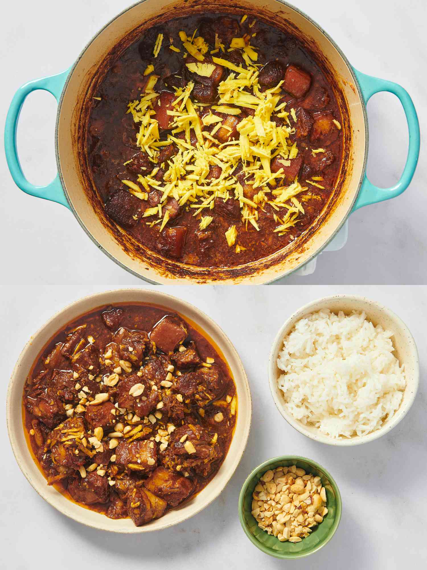 2 image collage. Top: stew with fresh ginger on top. Bottom: Plate of stew with rice and peanuts 