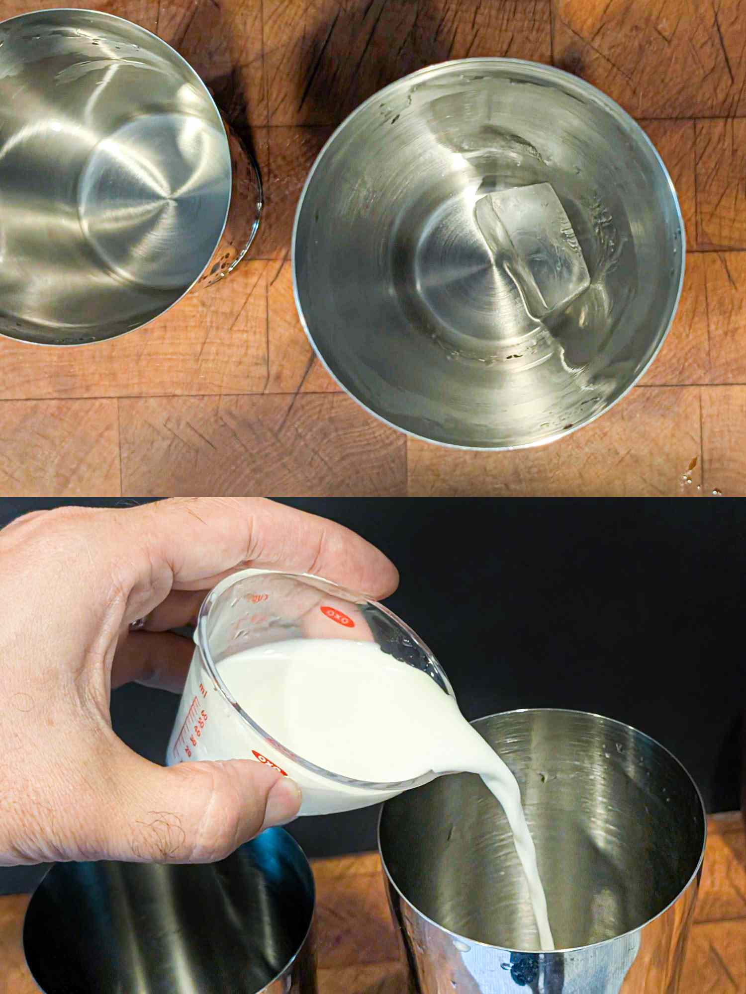 Filling a cocktail shaker with an ice cube and milk and seltzer.