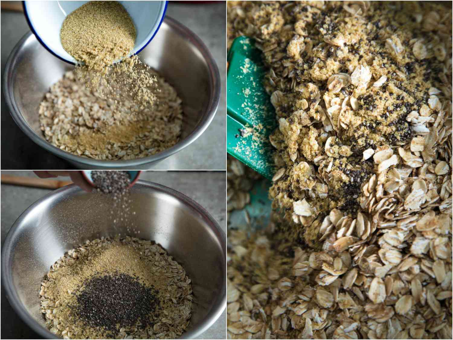 A collage of 3 images: adding wheat germ, flax seeds and chia seeds to rolled out and soaking the mixture in buttermilk and melted butter. 