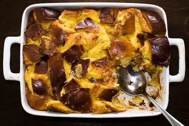 Overhead shot of challah bread pudding served from a baking dish