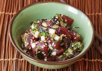 A bowl of tuna poke (Hawaiian raw tuna salad)