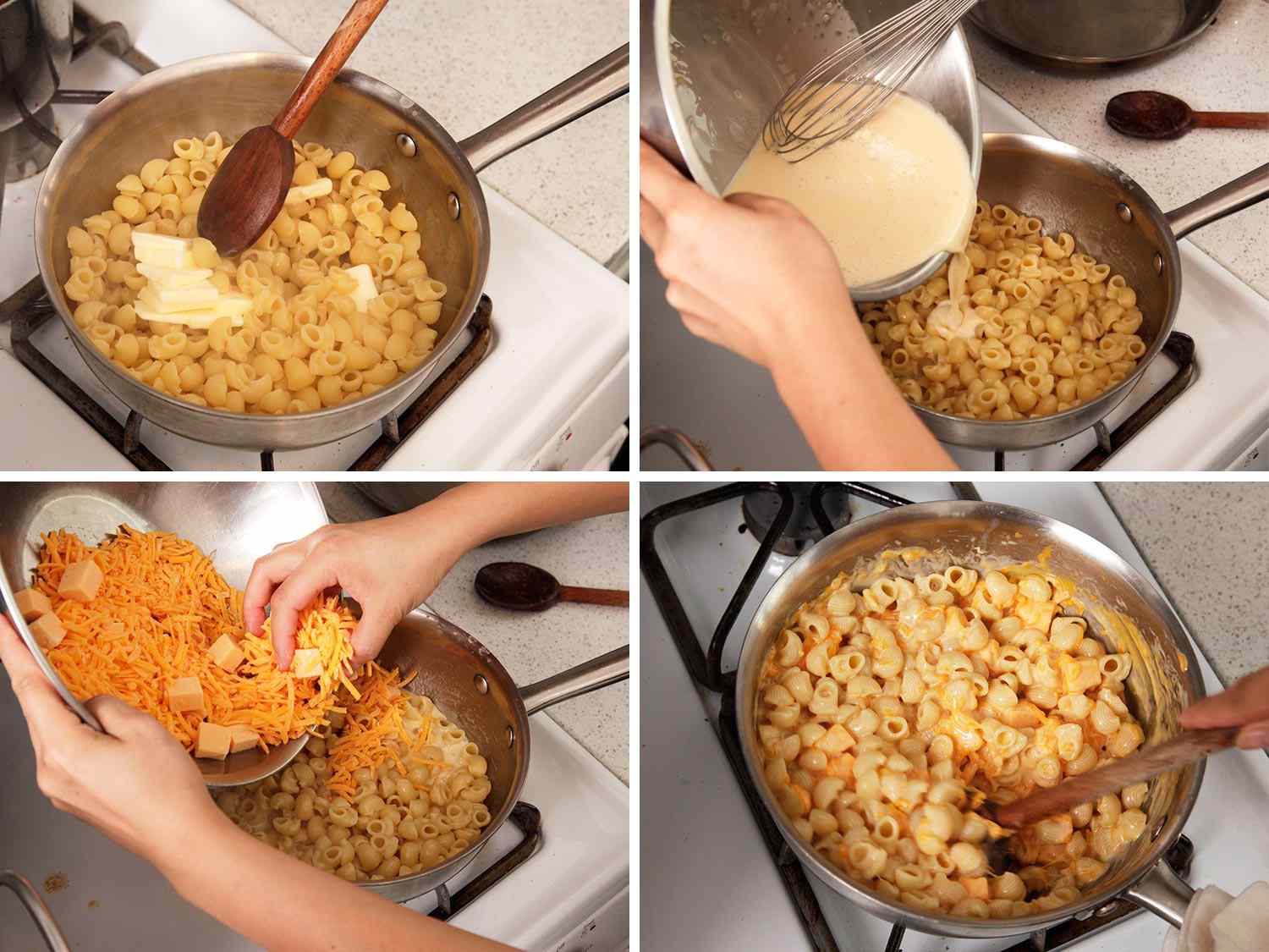 A four image collage. The top left shows cuts of butter being mixed into cooked pasta shells. The top right shows a cream mixture being poured onto the pasta shells. The bottom left shows shredded cheese being poured onto the pasta shells. The bottom right shows all ingredients being cooked and stirred together.