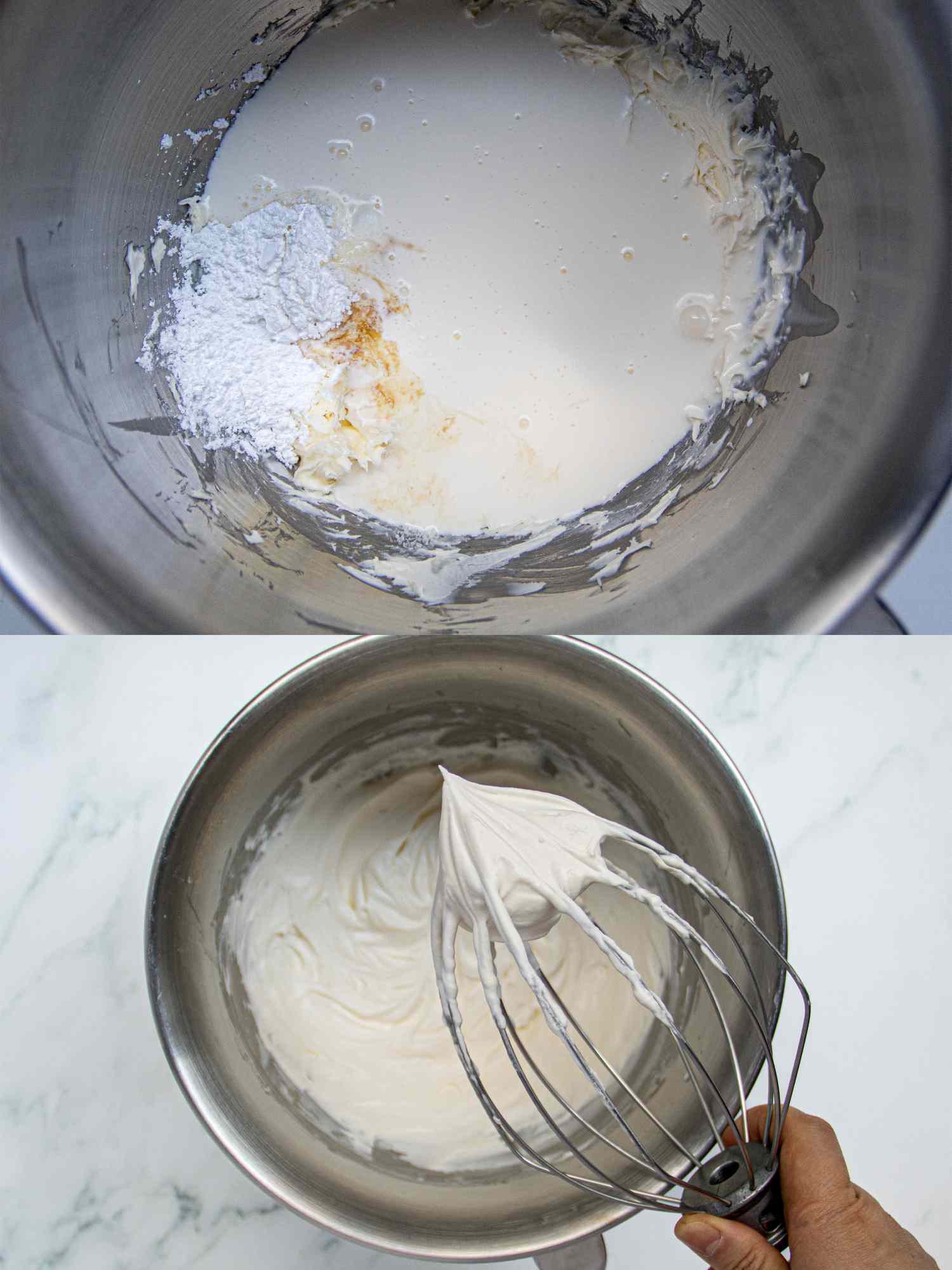 Two image collage of whipping filling