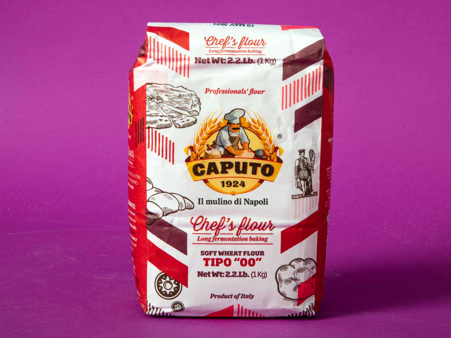 A bag of Caputo tipo 00 flour against a purple background.