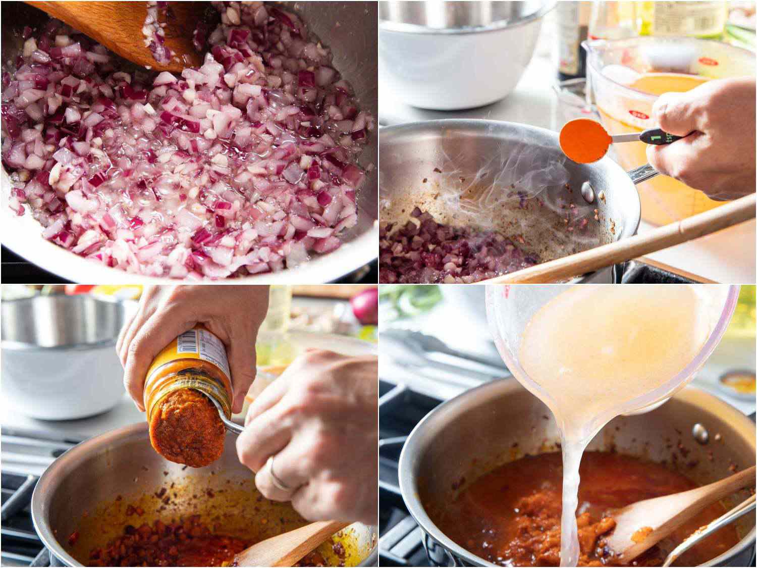 Collage of onions and garlic cooking in a pan, followed by additions of annatto, crab paste, and stock.