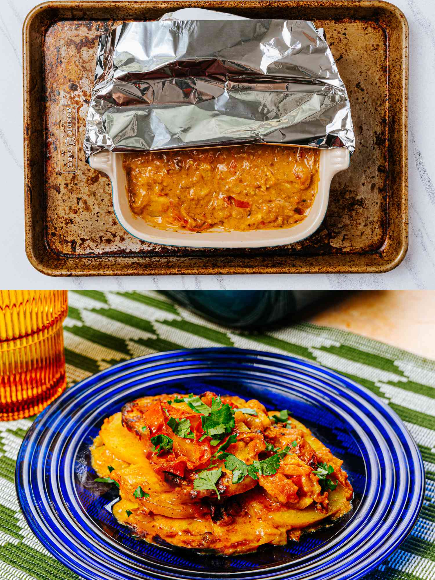 Overhead view of wrapping tinfoil over baking pan