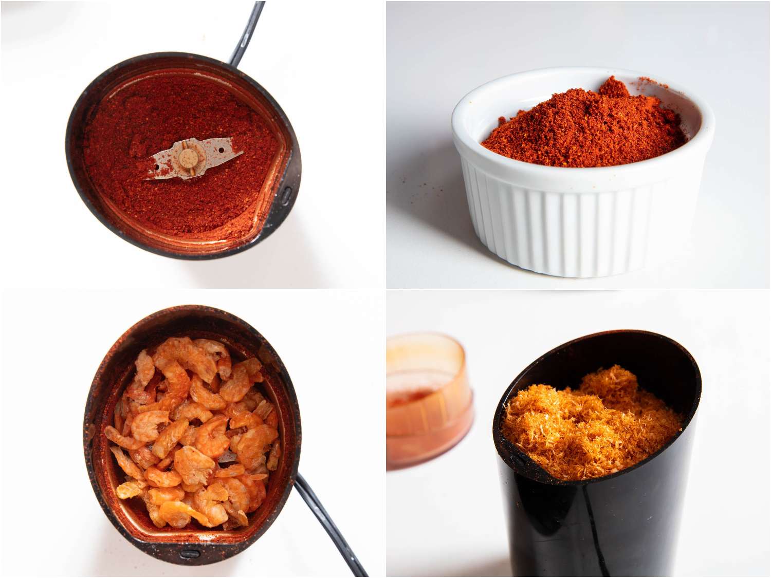 Grinding dried chiles and dried shrimp in a spice grinder.