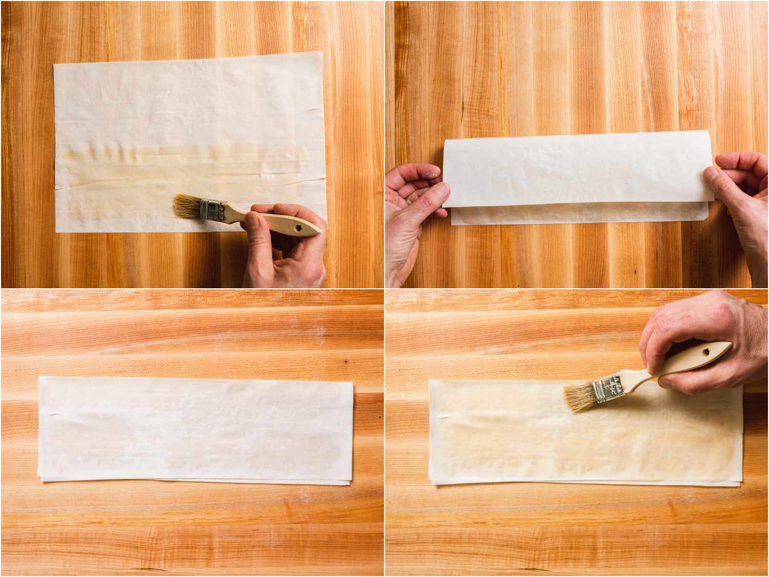 collage: brushing a sheet of phyllo with melted butter; folding sheet in half; brushing again with melted butter 