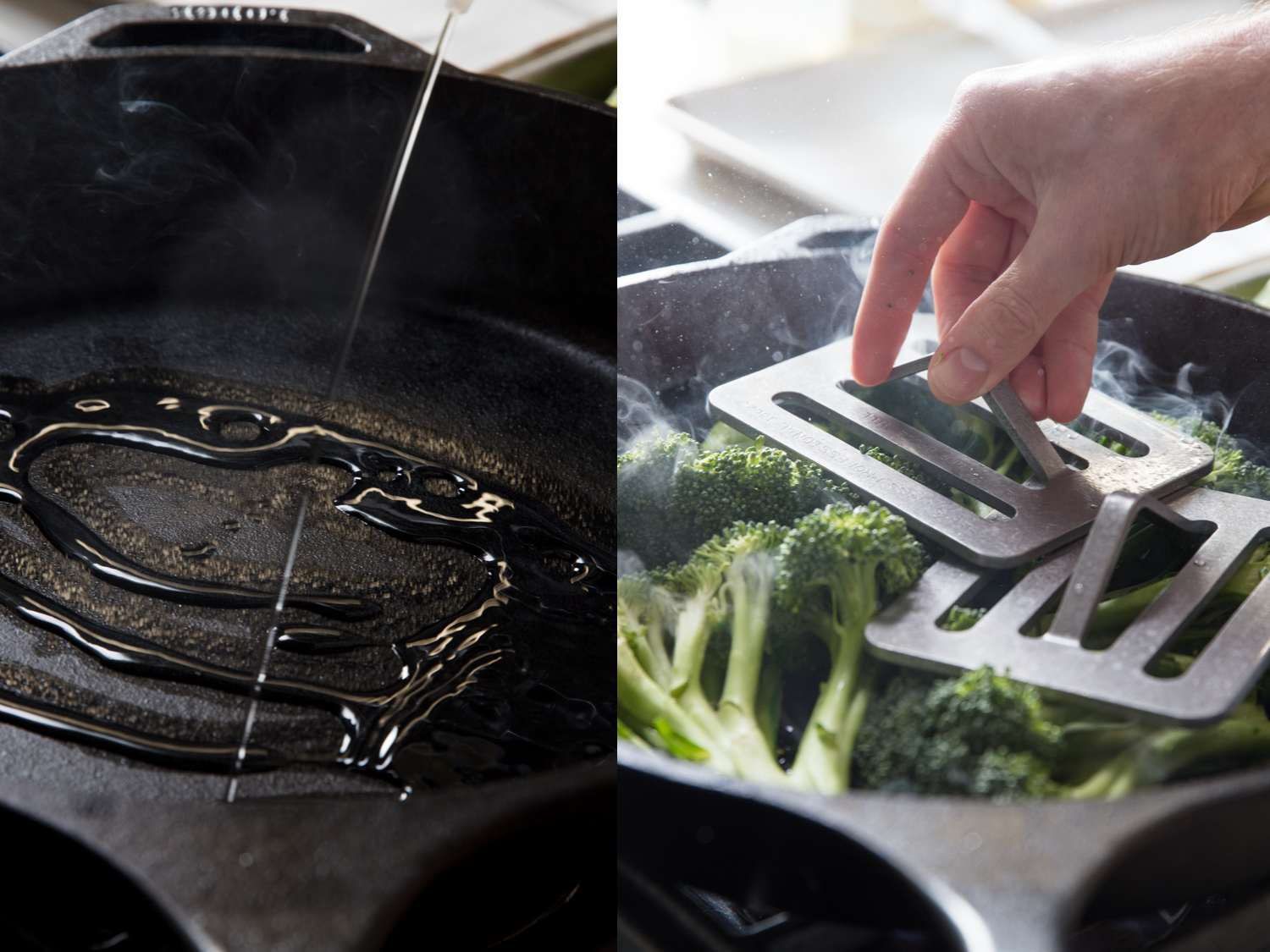 Process shots of cooking and weighing down broccoli in a cast iron skillet.