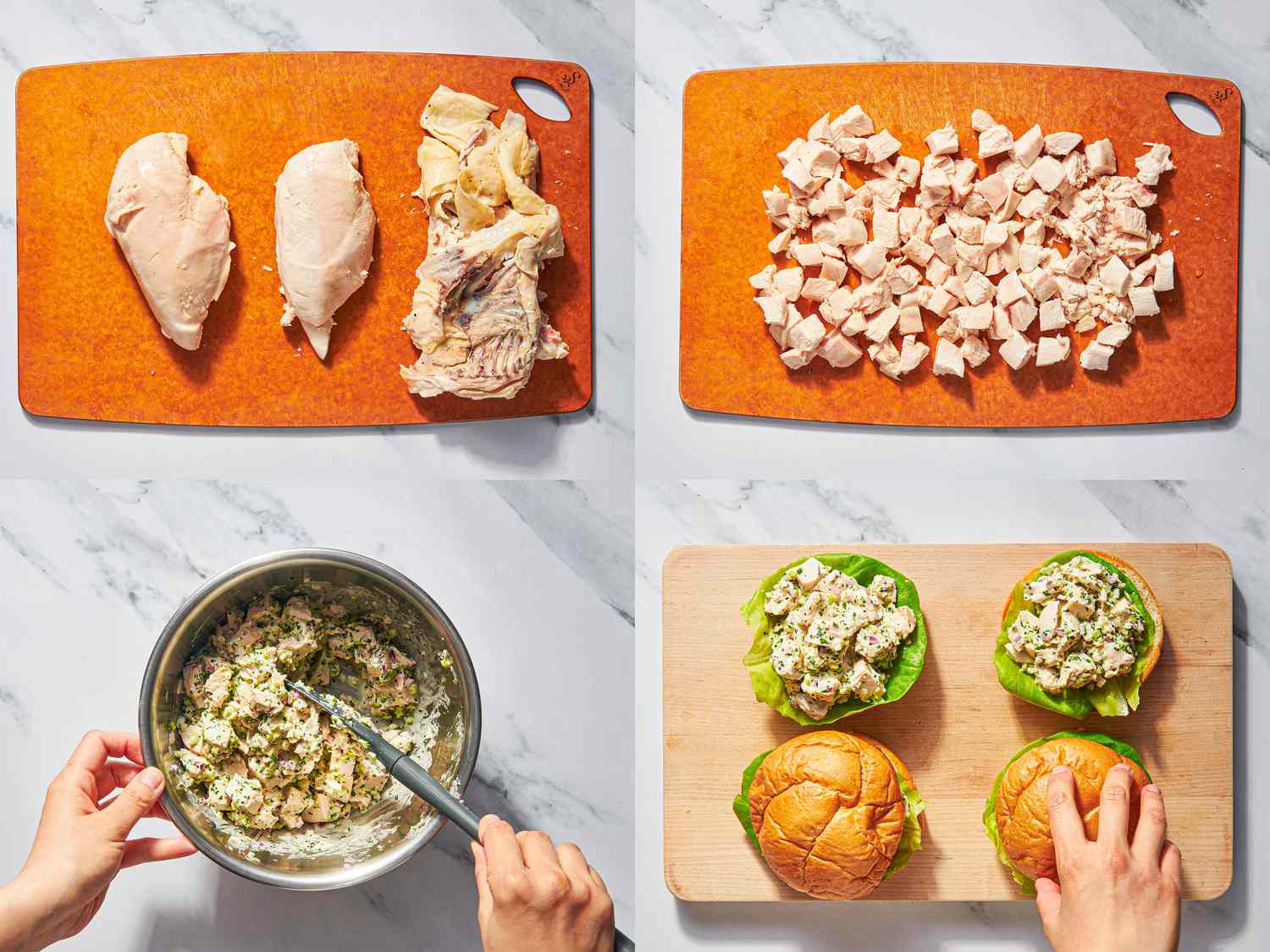 Four image collage: chicken breasts on a board, cubed chicken on a board, mixing chicken salad, assembling on buns with lettuce.