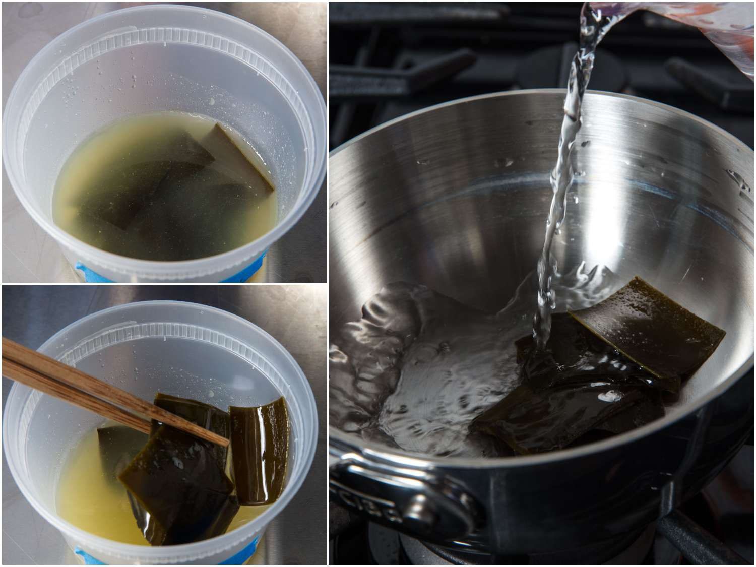A three-image collage of kombu being soaked in water and removed from dashi. 