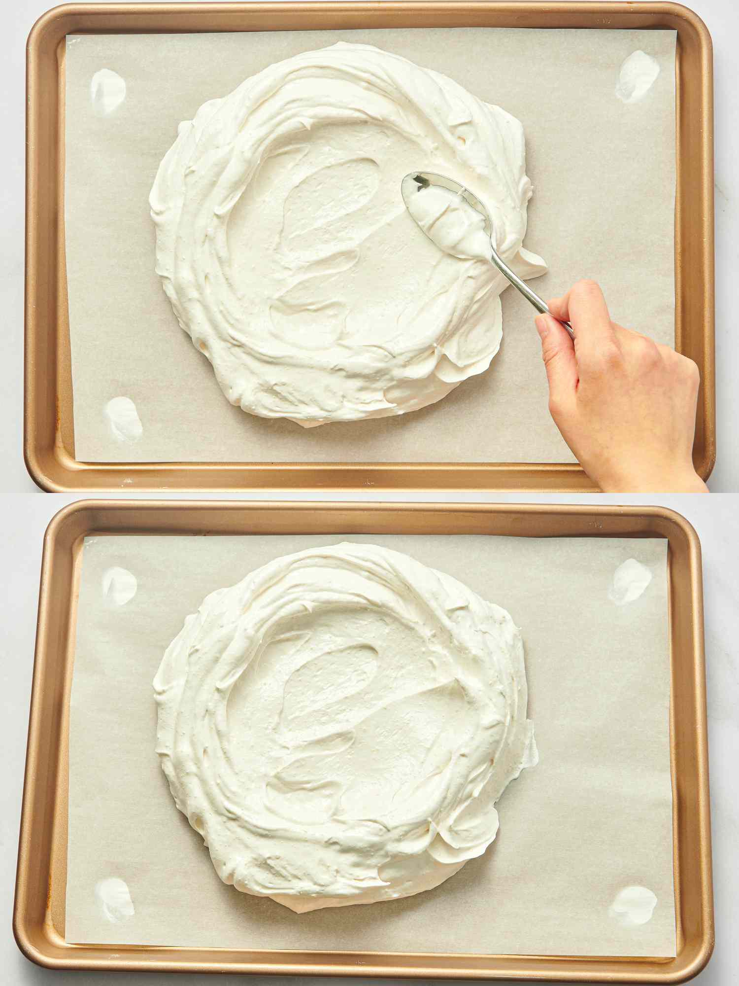 A two-step process showing a hand shaping meringue on parchment paper using a spoon, preparing a pavlova base on a baking sheet