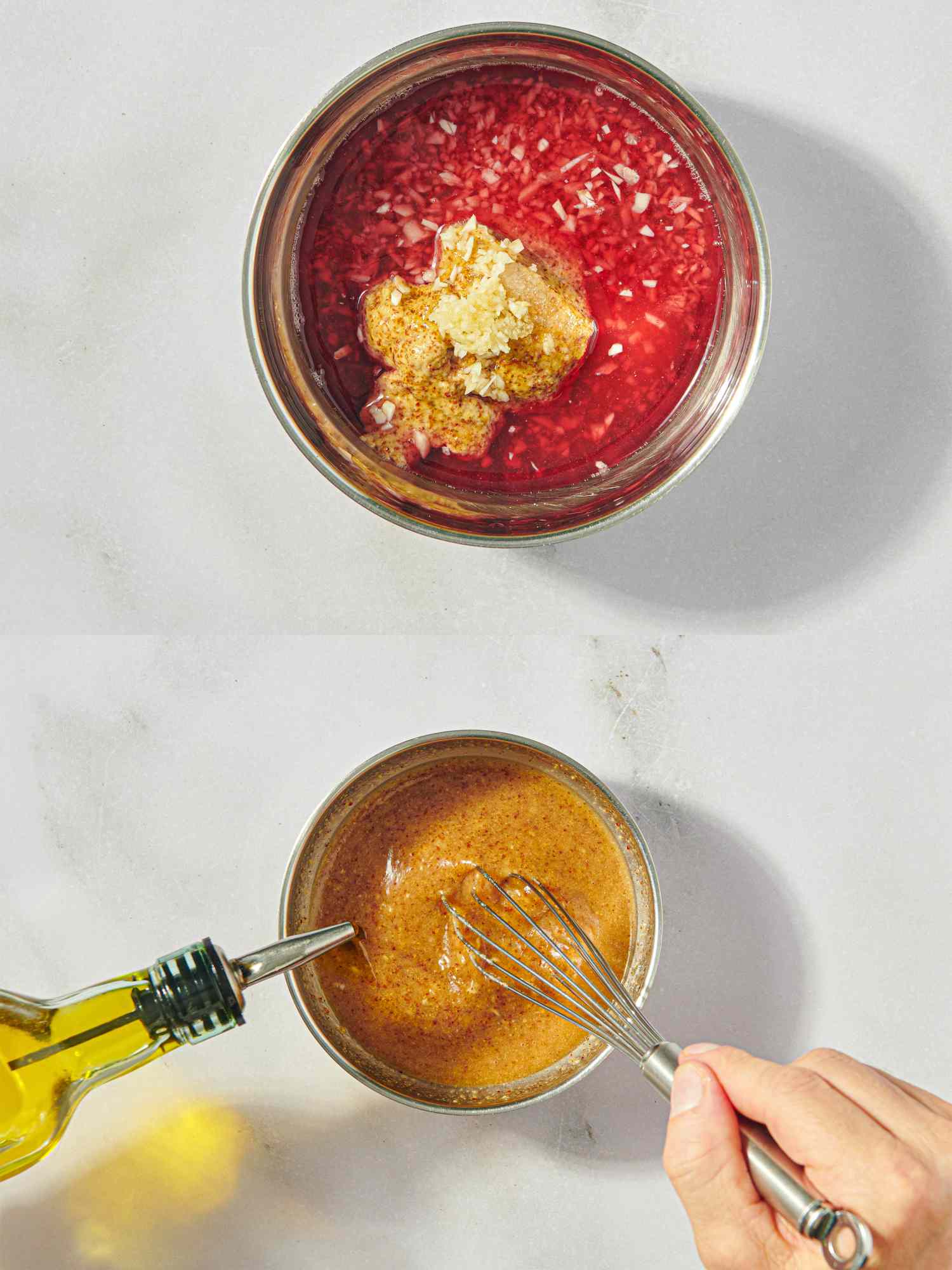 Two bowls with contents being prepared ingredients in one and a whisk in the other depicting steps to create a marinade