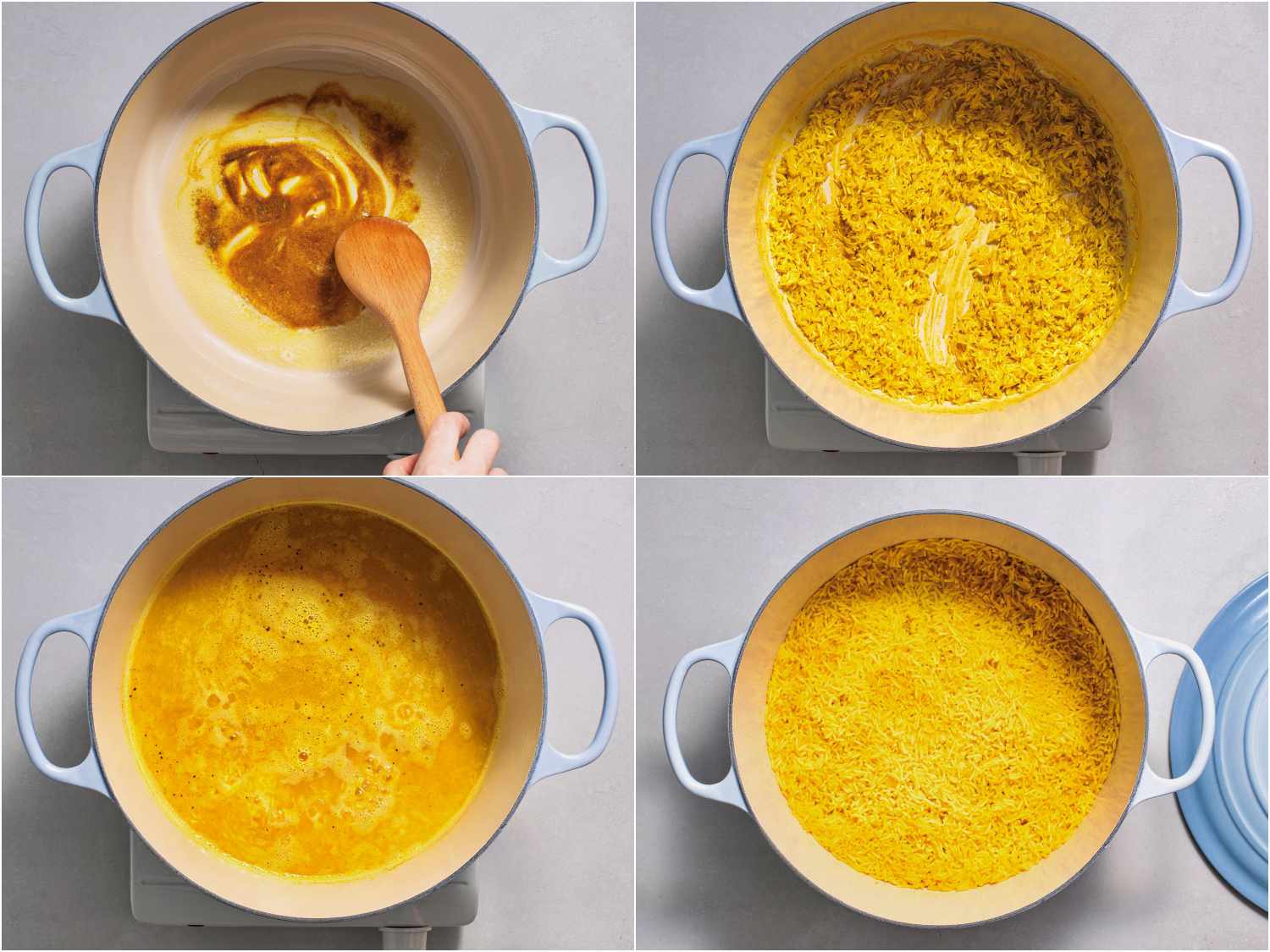 collage: toasting spices in Dutch oven; rice added; broth added; cooked rice