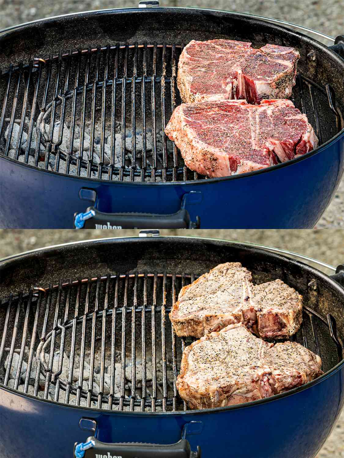 A two-image collage. The top image shows the steaks placed on the cool side of the grill and clearly demonstrates that the top-facing side of the meat is seasoned but still raw. The bottom image shows the steaks, now flipped over and partially cooked.