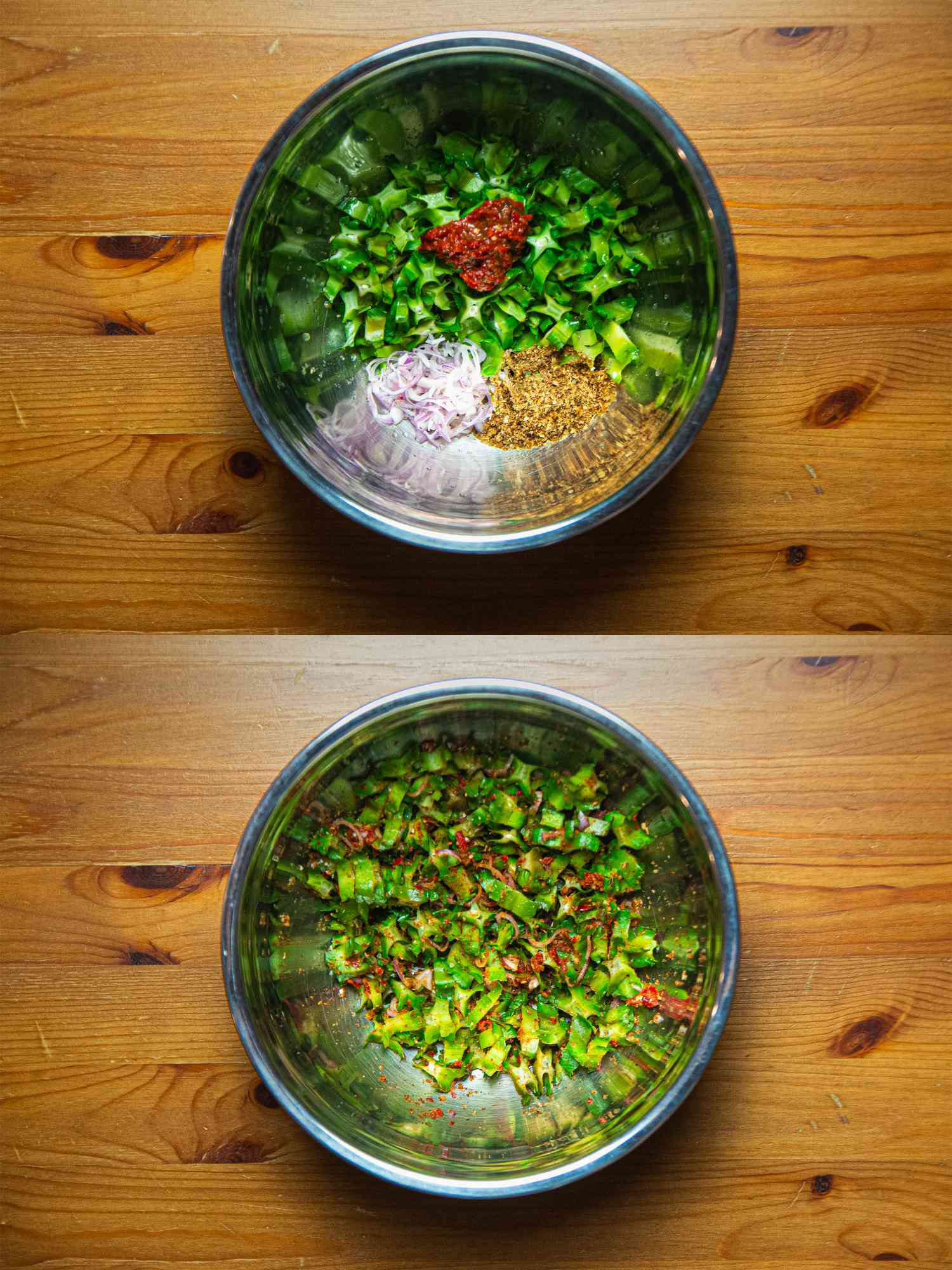 Two image collage of vegetables, sambal balcan and seasoning in a metal bowl